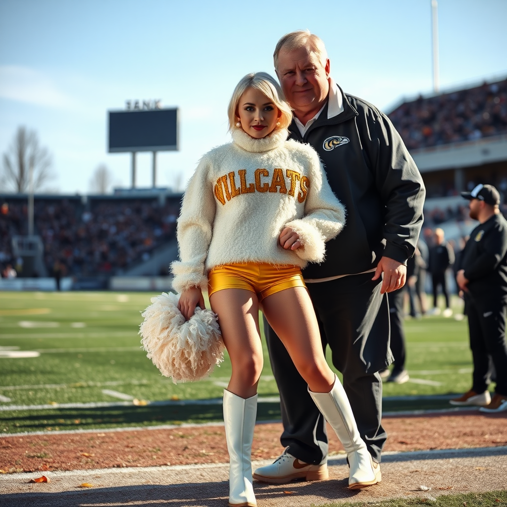 Sunny cold fall noon, college football stadium game, cheerleaders leader squat: Ana, European 17 years old very convincing femboy “QB’s trophy-bimbo”, tamed servile docile, very beautiful feminine flawless face, rather short boyish figure, platinum blond short tight curls, bold red lips, heavily made-up face, fluffy very fuzzy bright white plushy hazy thick angora turtleneck-sweater with “gold “WILDCATS” letters, vinyl gold short shorts, mesh pantyhose, white vinyl thigh-high boots with golden heels, large gold-white pompoms, pearl earrings, standing, shoulders slightly arched back to present her assets, posing for photo with Hank: older tall overweight male football coach, wearing college football coach outfit, triumphant smile, nimbly patting Ana. Jealously watching from behind: very angry wildcat’s QB.