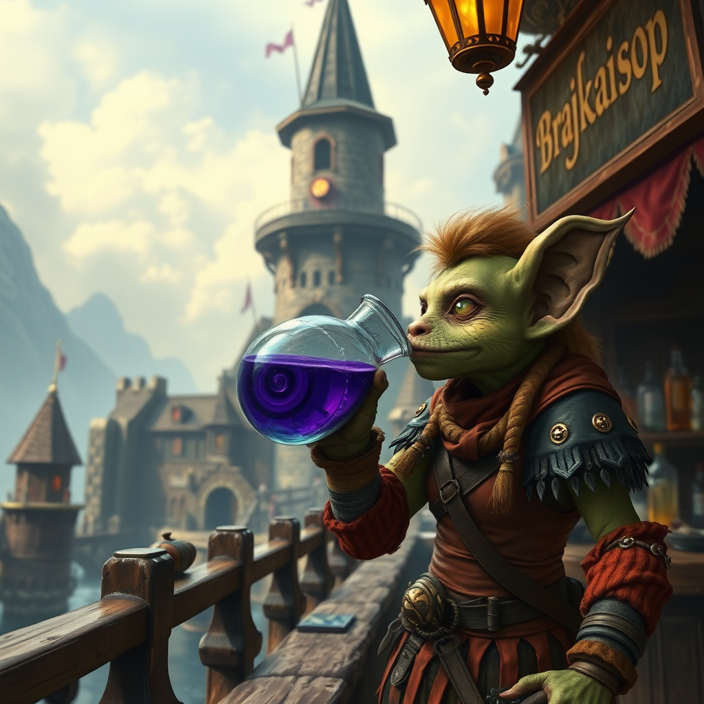 A wide distance shot of a female kobold warrior drinking a large potion from a round flask. Dungeons and Dragons port called Waterdeep. Mage tower in the background. Bar with an advertisement for a drink called "Brajkaisop".