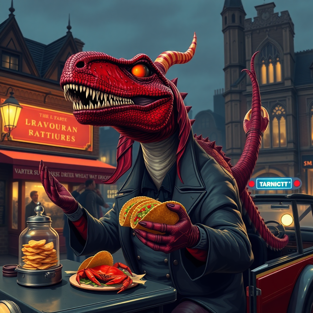 A vampire dinosaur selling tacos in Victorian England, tacky, grand theft auto, crabs, midnight.