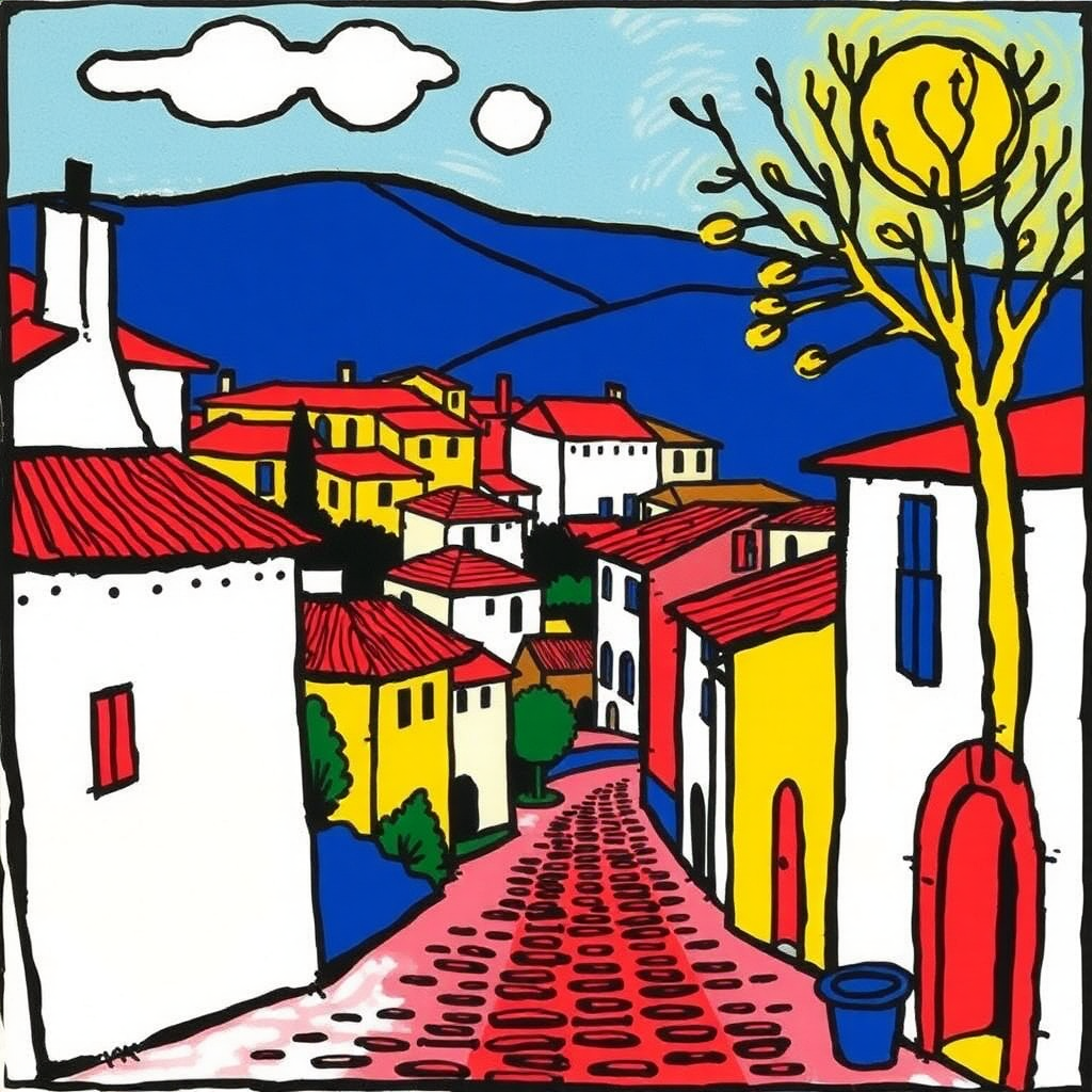 Minimalist lithography Provence village of Colomars vibrant and colorful  
Keith Haring  
Andy Warhol  
Picasso