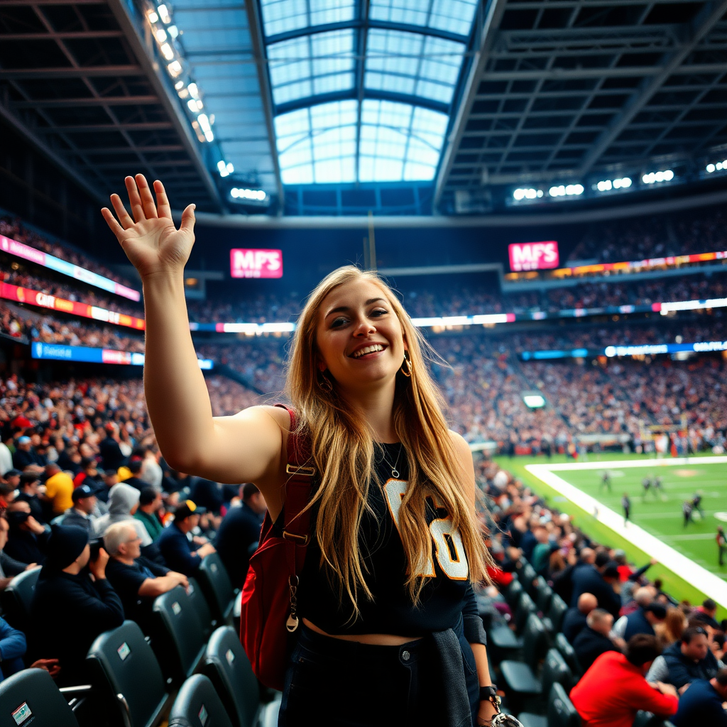 Attractive female NFL fan, cheering, inside NFL stadium, at crowded bleacher row