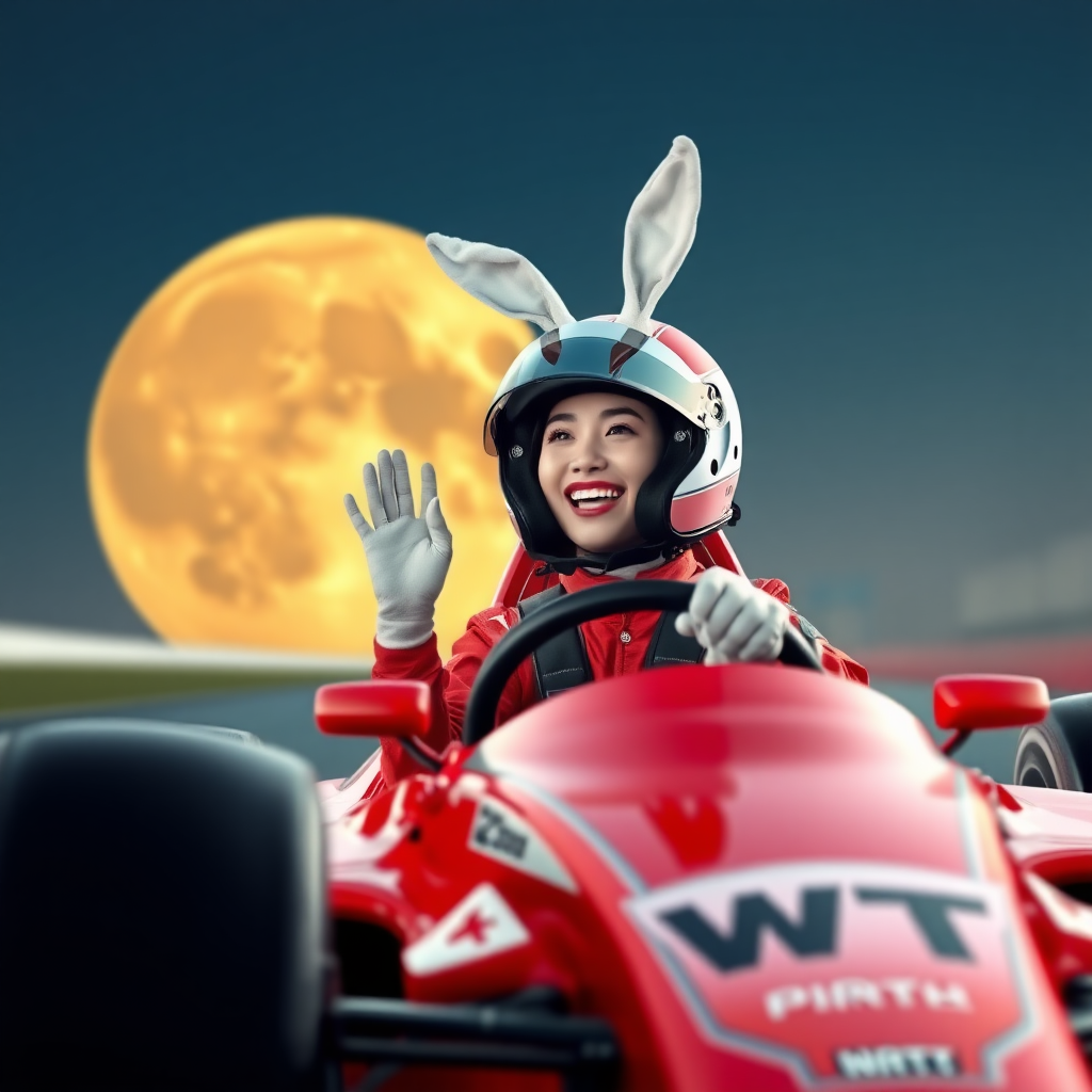 On the Earth racetrack, there is a red Formula car with "WRT" written on it. A beautiful Chinese female racer, wearing a full racing helmet with white rabbit ears on top, is laughing and waving one hand, while tightly gripping the steering wheel with the other hand. The background features a huge golden-yellow moon.