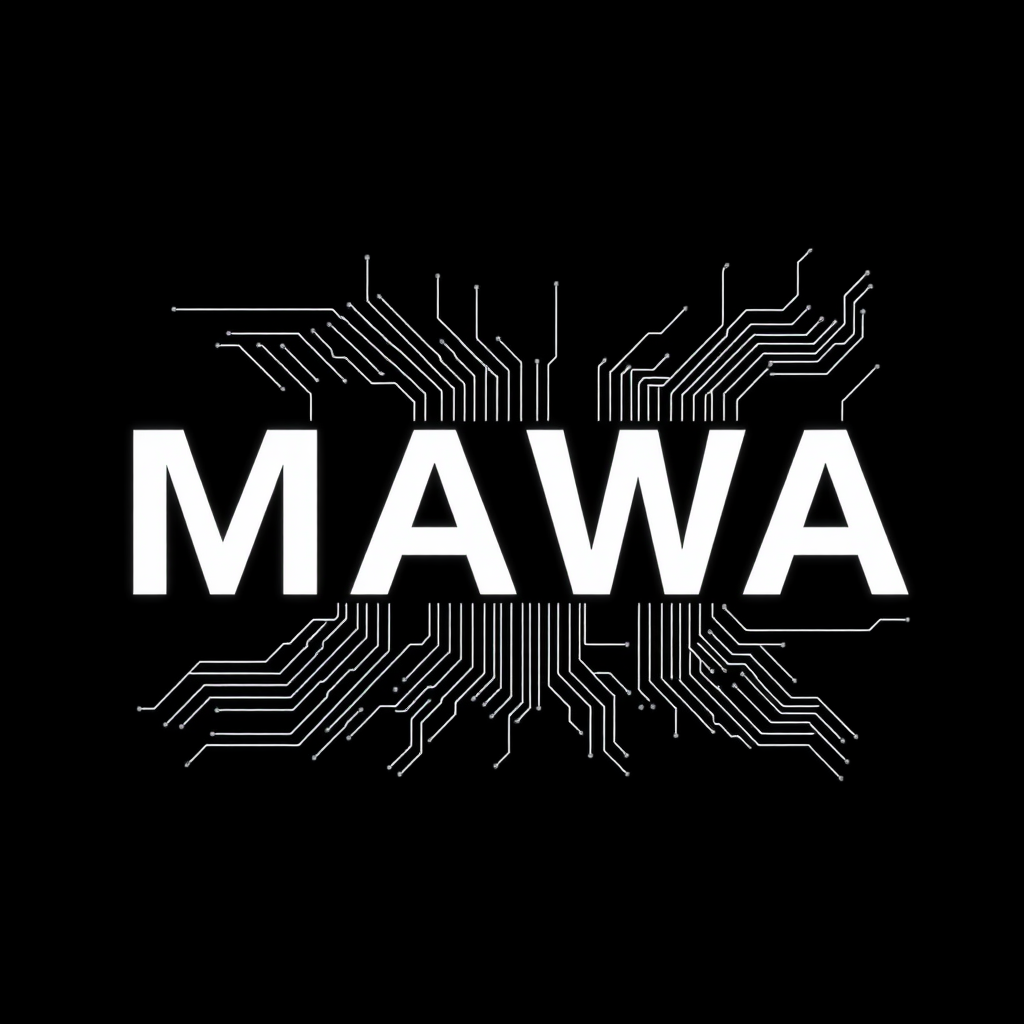 4k Professional Digital Ai Compute Circuit Text In Solid White That Says "MAWA" On Solid Black Background