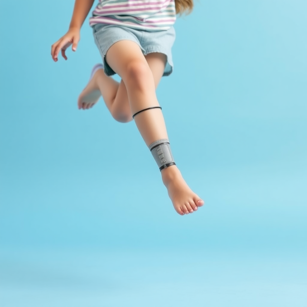 A girl with a leg amputation, small jump, clear residual limb.