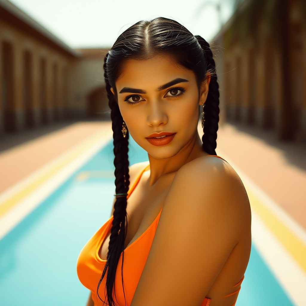 a woman in an orange top posing for a picture, an album cover, inspired by Herb Ritts, trending on dribble, arabesque, twintails, arab young monica belluci, hair are wired cables, tifa, carnal ) wet, captura, pigtails, aenaluck, indian, hair are cable wires, sakimichan