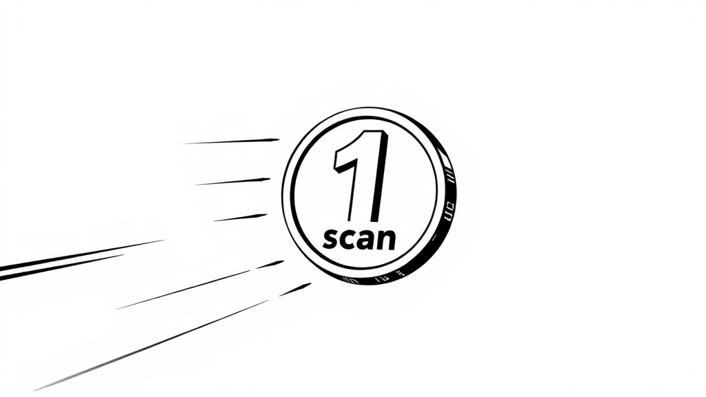 A token moving fast to the right with the engraving "1 scan"  
In the style of a comic icon in black ink only on a white background