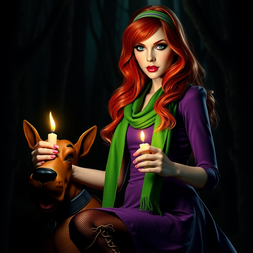 masterpiece, full body Daphne Blake, looks like Sarah Michelle Gellar, hyper realistic, realistic face, detailed face, wears headband and purple dress and green scarf, high boots, long red hair, is holding a lit up candle in the dark, next to a realistic dog that looks like Scooby Doo. She is in a very dark creepy forest. Marvelous, awesome, beautiful. Perfect hands, high detailed face, detailed skin, perfect eyes, eyeliner, large lashes, 60s look style, sexy, spicy look, scooby doo, front view, glitter