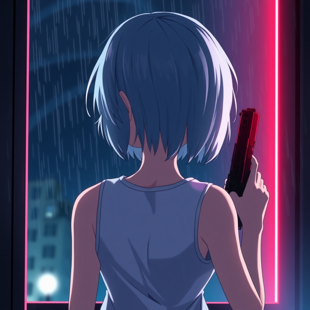 a picture of a girl from back , red eye, medium short gray hair, wearing sleeveless  white top, holding pistol, looking out window, night, raining, neon light, dramatic scene, anime style