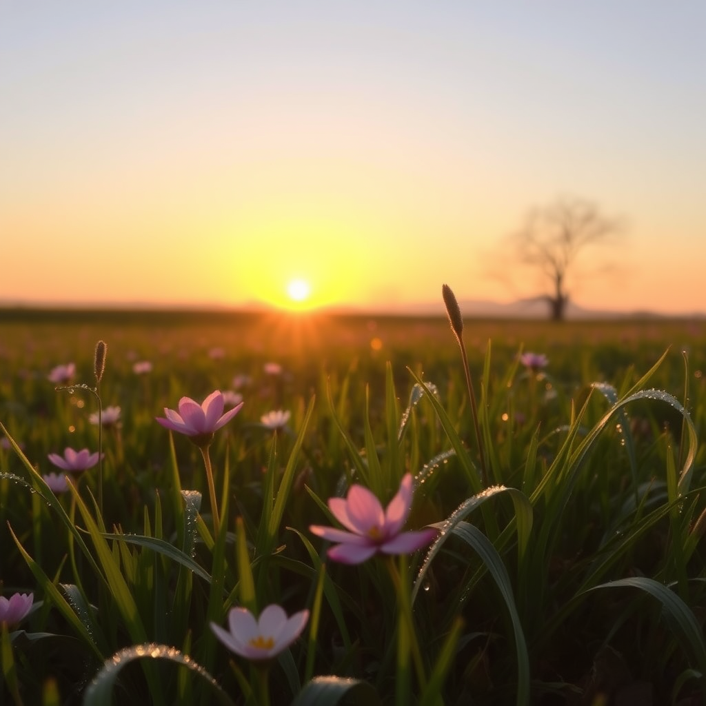 A BEAUTIFUL SPRING LANDSCAPE AT SUNRISE WITH THE IMAGE OF CLOTHES, THE FLOWERS IN THE GRASS AND WITH WAVES OF MORNING DEW