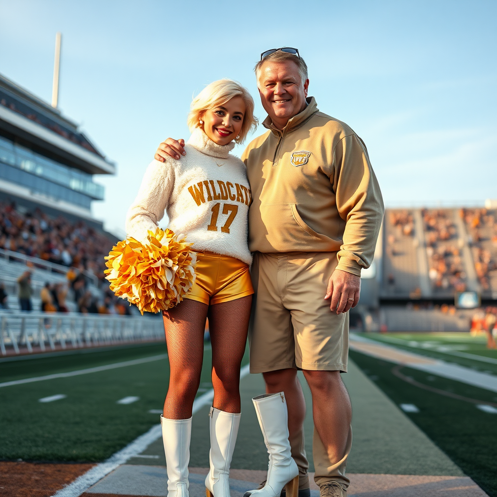 Sunny cold fall noon, college football stadium game, cheerleaders leader squat: Ana, European 17 years old very convincing femboy “QB’s trophy-bimbo”, tamed servile docile, very beautiful feminine flawless face, rather short boyish figure, platinum blond short tight curls, bold red lips, heavily made-up face, fluffy very fuzzy bright white plushy hazy thick angora turtleneck-sweater with “gold “WILDCATS” letters, vinyl gold short shorts, mesh pantyhose, white vinyl thigh-high boots with golden heels, large gold-white pompoms, pearl earrings, standing, shoulders slightly arched back to present her assets, posing for photo with Hank: older tall overweight male football coach, wearing college football coach outfit, triumphant smile, nimbly patting Ana.