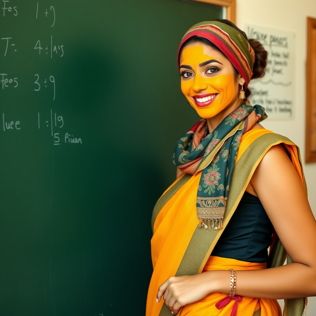 slim, 30 year old, sexy, french female school teacher, saree, scarf head, turmeric face mask. She is smiling and teaching on a blackboard