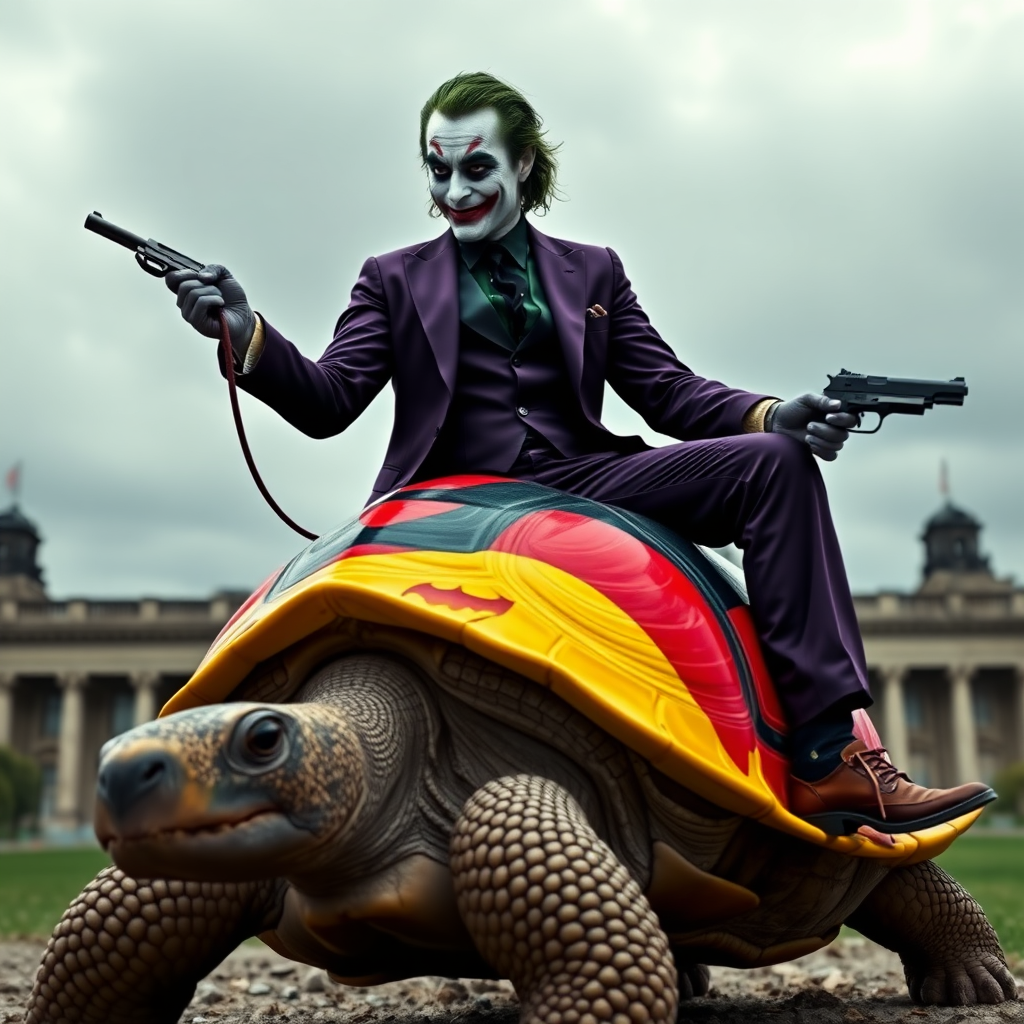 A photorealistic image of the Joker, wearing a dark purple suit with a black shirt, riding on the back of a large turtle. The turtle has a bridle in its mouth, and Joker is holding the reins in his right hand. In his left hand, he is holding a pistol. The upper part of the turtle's shell is painted in the bright colors of the German flag (black, red, and yellow). In the background, the German Bundestag building is visible, under a cloudy, moody sky.