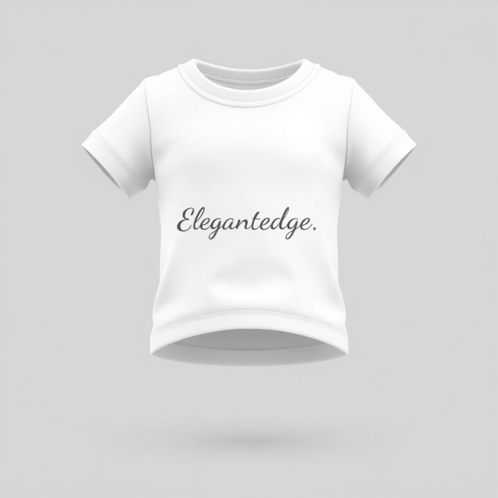 **Prompt for 3D Modeling Icon - Baby Crewneck T-shirt for Elegantedge:**

Design a cute yet elegant 3D model of a **baby crewneck t-shirt** that represents the **Elegantedge** brand. The t-shirt should feature a simple, fitted silhouette with soft lines and high-quality fabric, emphasizing comfort and durability. Highlight details like a smooth, rounded crewneck, short sleeves, and clean stitching that make the t-shirt both stylish and practical for babies.

Incorporate the **Elegantedge** name subtly across the chest or along the hem in a refined, playful font that suits the baby clothing aesthetic. The color palette should include neutral tones like white, light grey, and soft pastels, giving the t-shirt a modern and timeless feel. The design should reflect **Elegantedge's** commitment to high-quality, fashionable basics that balance both elegance and everyday comfort for little ones.