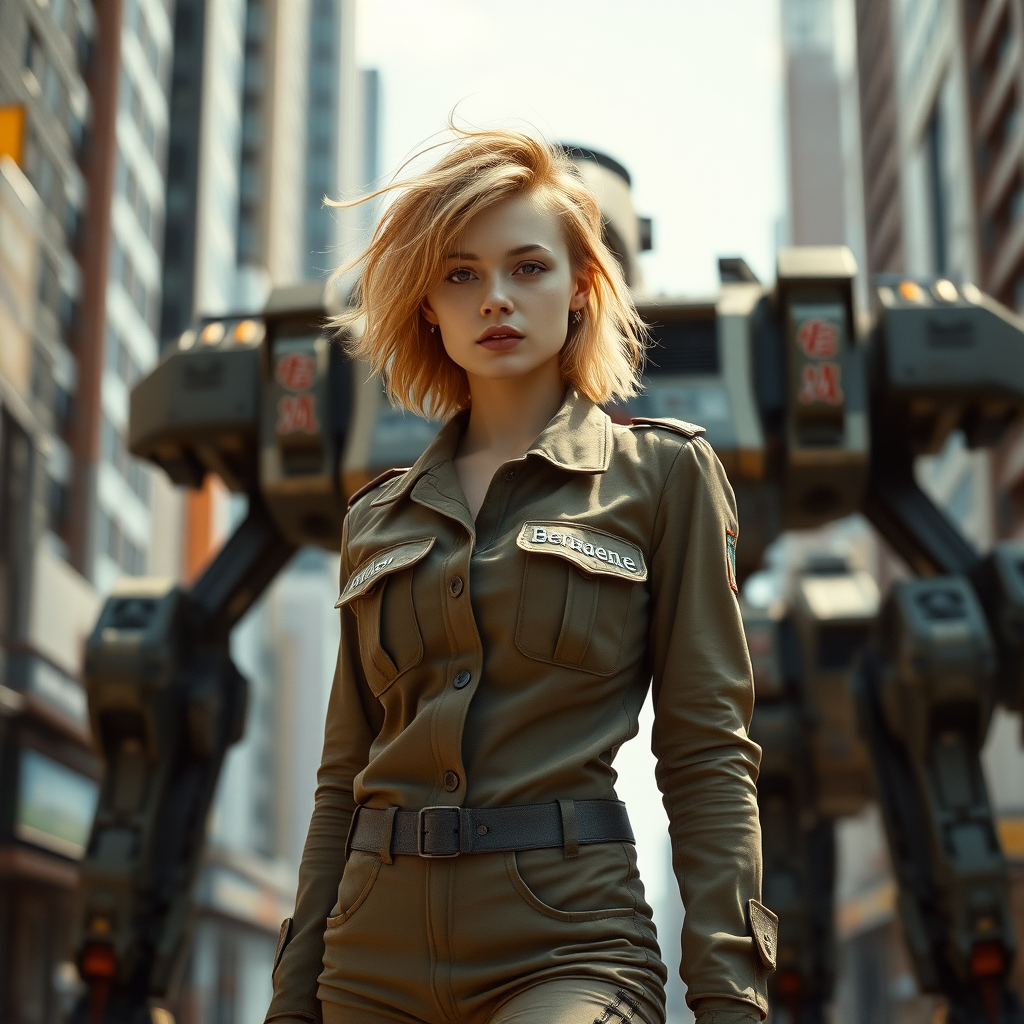 A full body shot of a pretty twenty-something female with a face resembling (Ana de Armas). Strawberry blonde messy shoulder-length hair tussled by wind. Military outfit, "Benaenae" badge on the breast pocket, long legs, futuristic Neo-Tokyo, Battletech giant mechs twice the height of buildings, hyper-realistic, photorealistic digital matte painting, soft focus, film grain, lens flare. Gritty, dirty, scuffed.