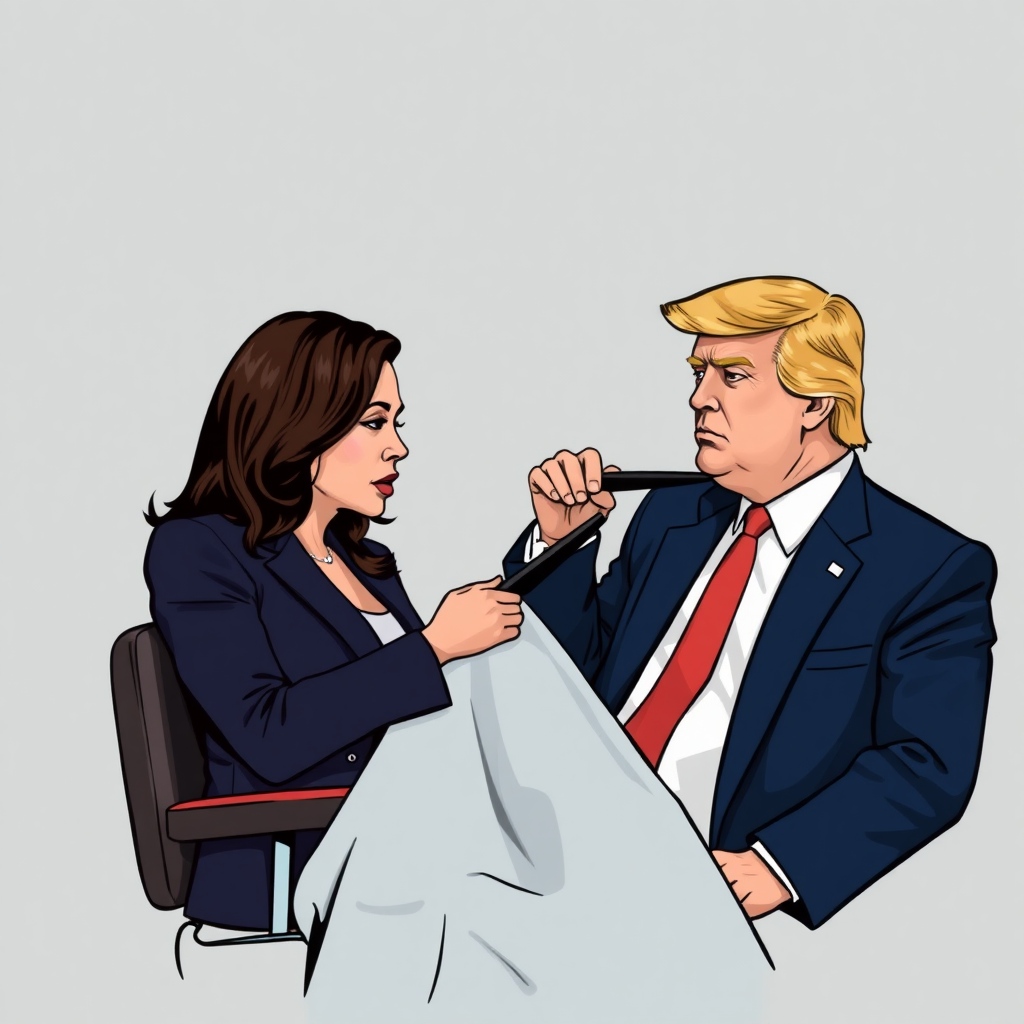 Kamala Harris sitting in a barbershop while Donald Trump cuts her long hair.  Plain gray background.