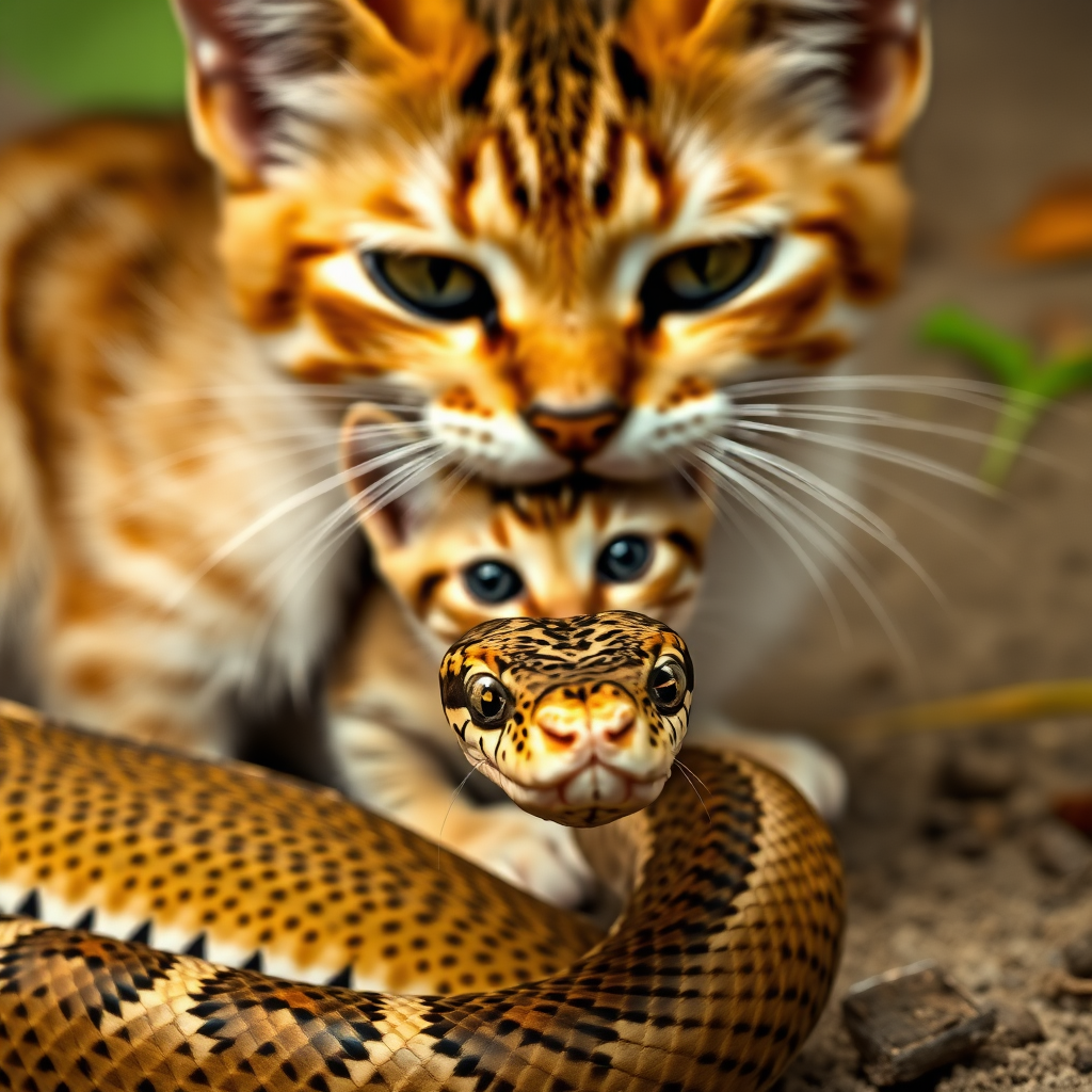 A little kitten is hiding behind its mother cat, and in front of the mother cat is a king cobra. The mother cat is facing off against the snake.