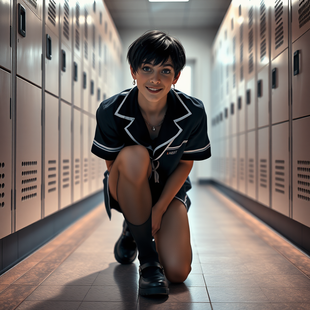 photorealistic, ultra high resolution, 16K, surreal fantasy, soft studio lighting, a pretty 17 year old goth male, slim male physique, short dark hair, blue eyes, goth makeup, earrings, sheer pantyhose, UK girls-school uniform, Mary-Jane shoes, kneeling on the floor of the locker room looking up at the camera, excited smile, facing the camera.