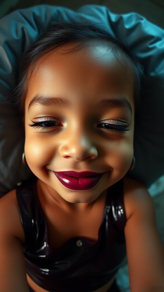 four-year-old-latina-female-child that has extremely big lips. She is wearing intense-glitter-eyeshadow, thick-winged-eyeliner with very-dramatic-eyeliner-wings, and dark-burgundy-glossy-lipstick. She is wearing a tight-glossy-latex-sleeveless-crop. Her mouth is closed, eyes half-closed. She is happy. Fish-eye-lens, laying in a dark motel room, amateur flash photography.