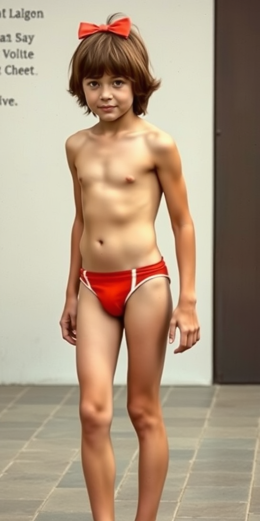 A skinny 14yo teen boy, long hairs bow cut, wearing little speedo, long legs, narrow thighs. full-length view. 1970s. photorealistic, ultra high resolution, 16K, Negative: grainy, blurry, bad anatomy, extra limbs, watermark.