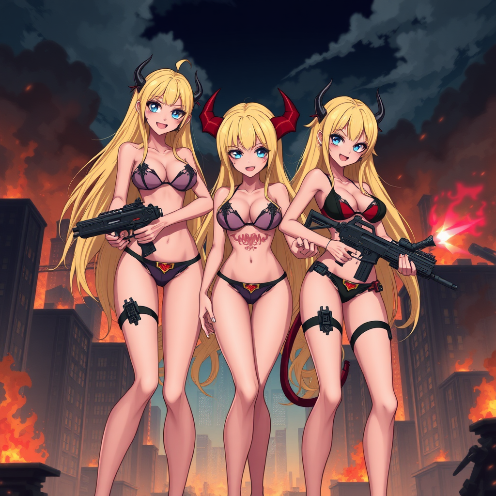 Anime, city burning background, 3 mischievous tall-slender demon girls, long blond hair, blue eyes, wearing sexy-micro bikini-bra-like clothing, g-string, Womb tattoo on belly, mischievous smile, large breasts, full body, long legs, looking at viewer, each are holding tech-blaster guns