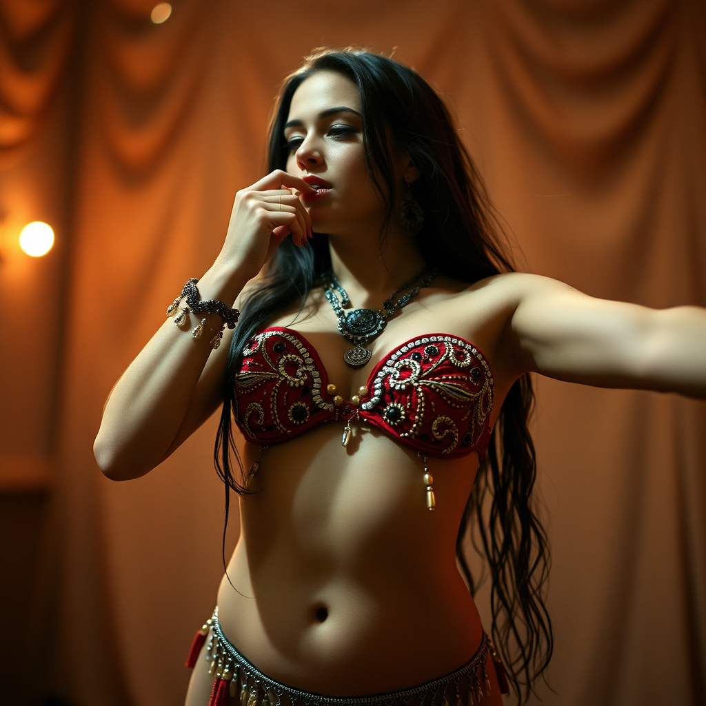 A real-life attractive belly dancer her arms are up and she is sniffing her armpit grim gritty and in high definition.