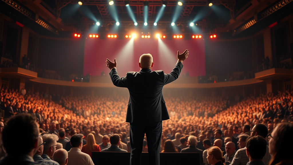 A powerful leader giving an inspiring speech on a grand stage, captivating the audience, the audience facing the leader, dynamic lighting, high detail, cinematic atmosphere, expressive gestures