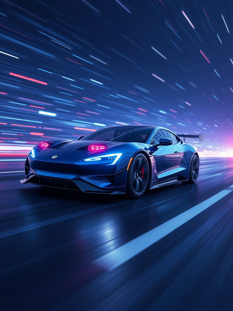 Make a realistic 3D rendering of an electric car racing in cyberspace. Make the background cyber-like and the electric sparks give off a sense of speed. Make the overall color dark blue.