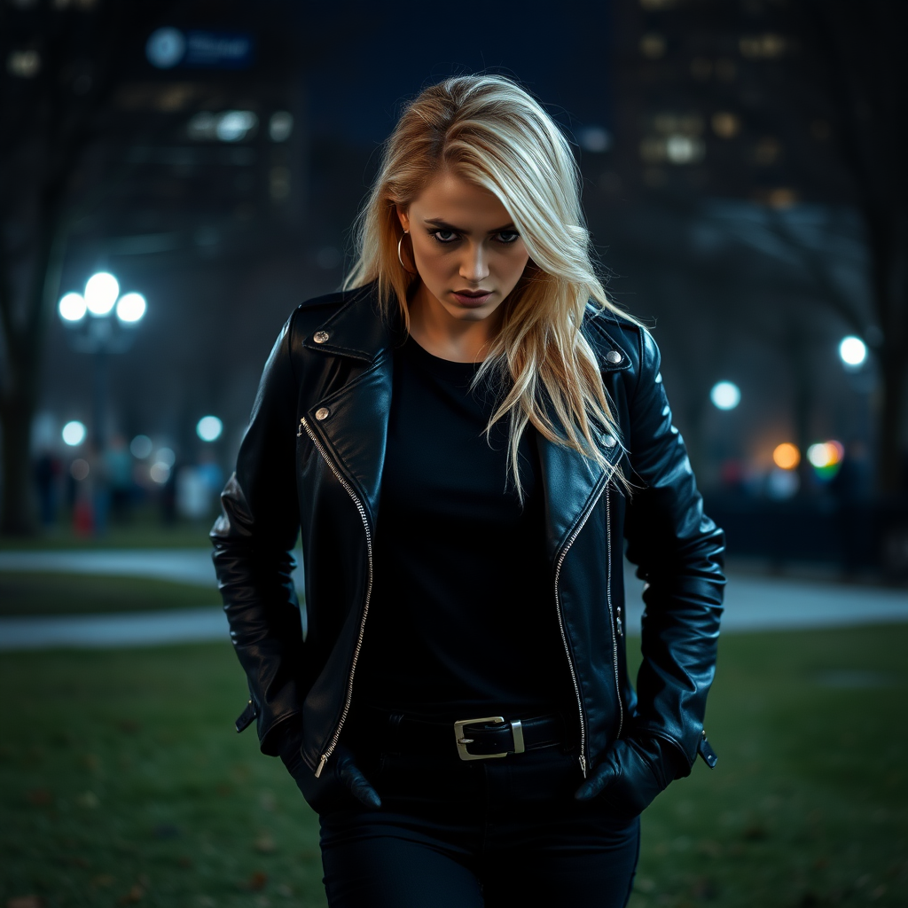 A beautiful blonde angry female burglar in black leather jacket over black t-shirt with black pants and gloves in Manhattan park at night.