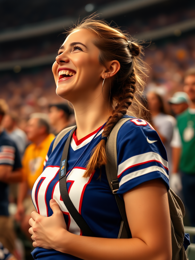 Attractive female NFL fan, pigtail hair, rejoicing, far angle shot