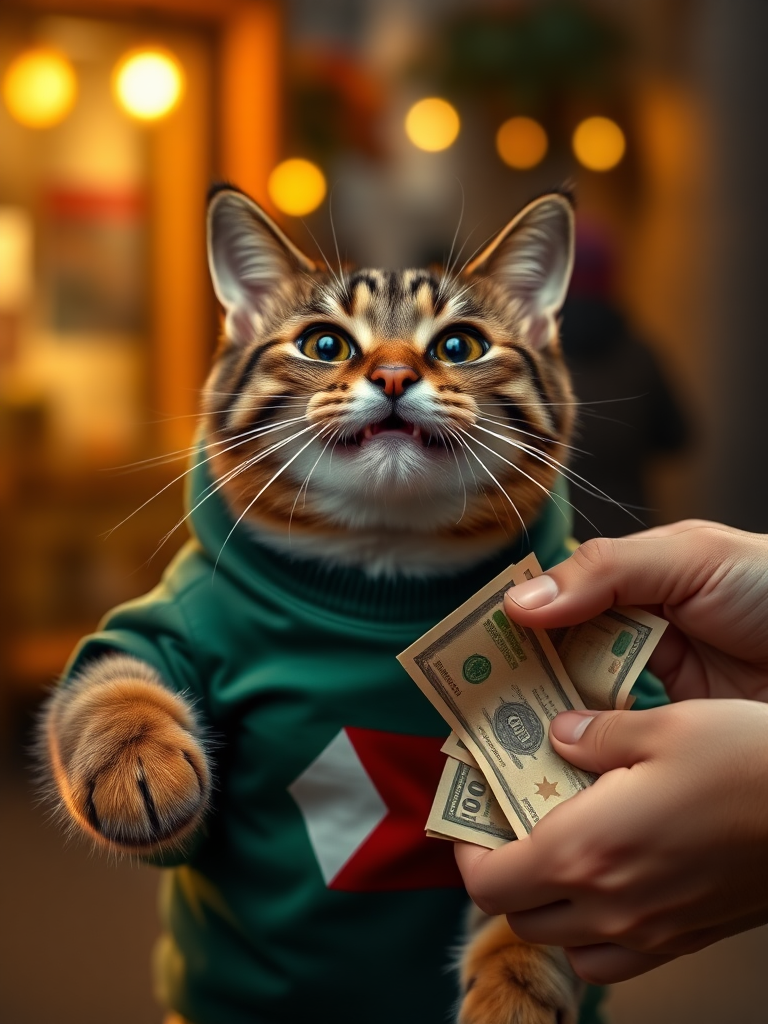 Create a realistic 4K image of a joyful scene where a person is handing money to a cat wearing a shirt featuring the Palestinian flag. The cat's face is filled with happiness and excitement as it receives the money, with its eyes wide and a smile on its face. The background should be warm and inviting, perhaps showing a cozy street or a park setting, with soft lighting that emphasizes the cheerful moment. Capture the details in the cat's fur and the expressions of both the person and the cat to convey a heartwarming connection.