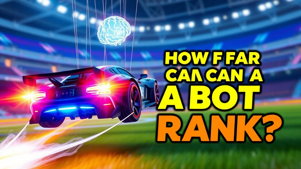 Create a Rocket League-themed thumbnail. Show an AI-controlled car with nitro boost flying toward a glowing ball, as in Rocket League. The car should be visually striking and eye-catching, with glowing lights around it that match the color theme. Have strings connecting the car to a brain, symbolizing AI control, as if the car is being puppeteered. The background should resemble a Rocket League stadium, with vibrant colors. Prominently display the text 'How Far Can a Bot Rank?' with bold, attention-grabbing effects.