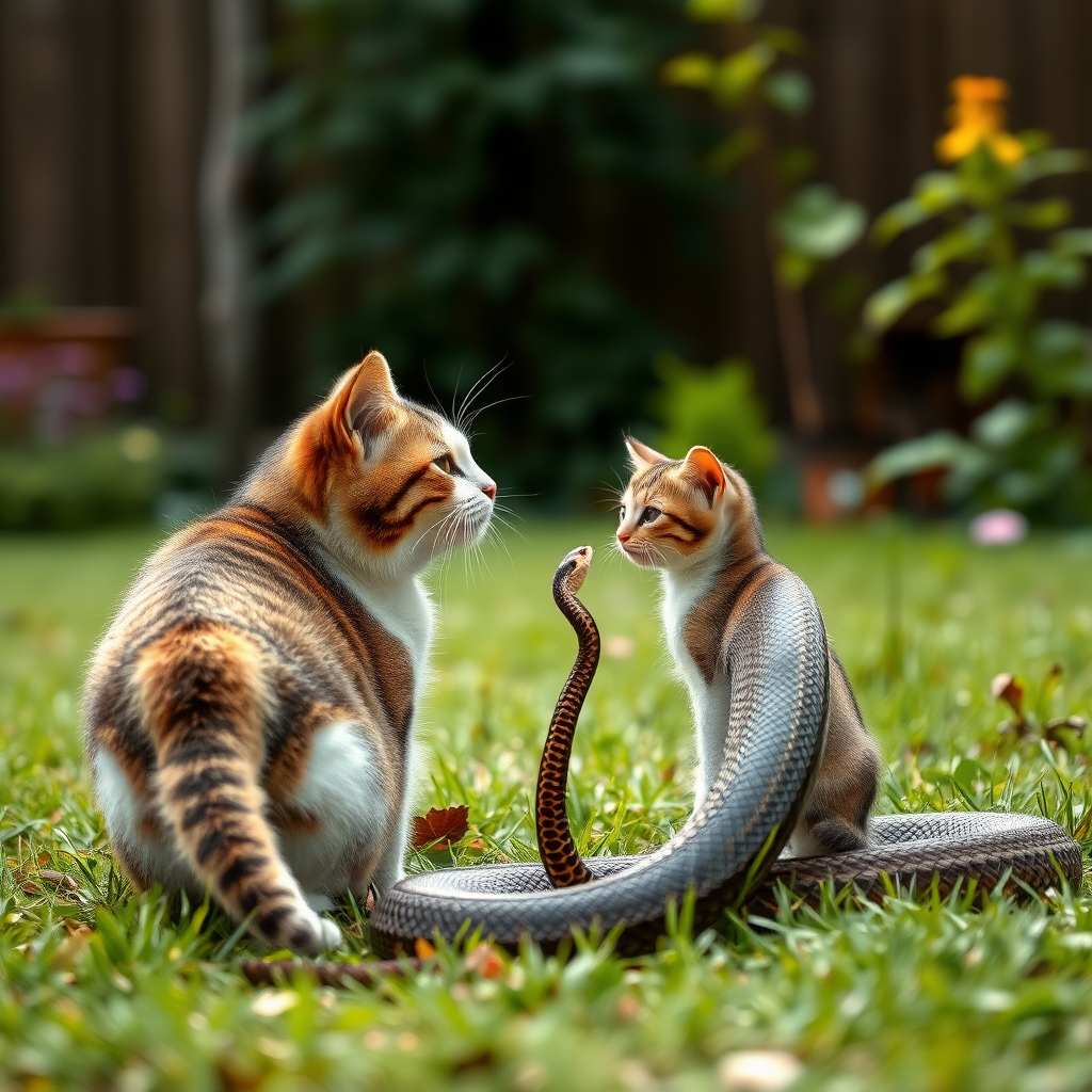 In the garden, a mother cat and a snake are standing facing each other, with a kitten hiding behind the mother cat. It’s a wide-angle shot, side view, in a realistic style.