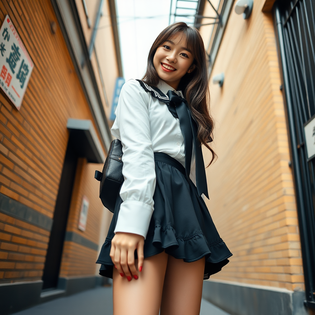 a woman in a white shirt and black skirt, inspired by Leng Mei, tumblr, school girl in gothic dress, smiling fashion model, good hips and long legs, frilly outfit, ultra high quality model, bottom angle, absolutely outstanding image, full - view, black main color, wearing beautiful clothes, japanese street fashion, sexy girl with dark brown hair