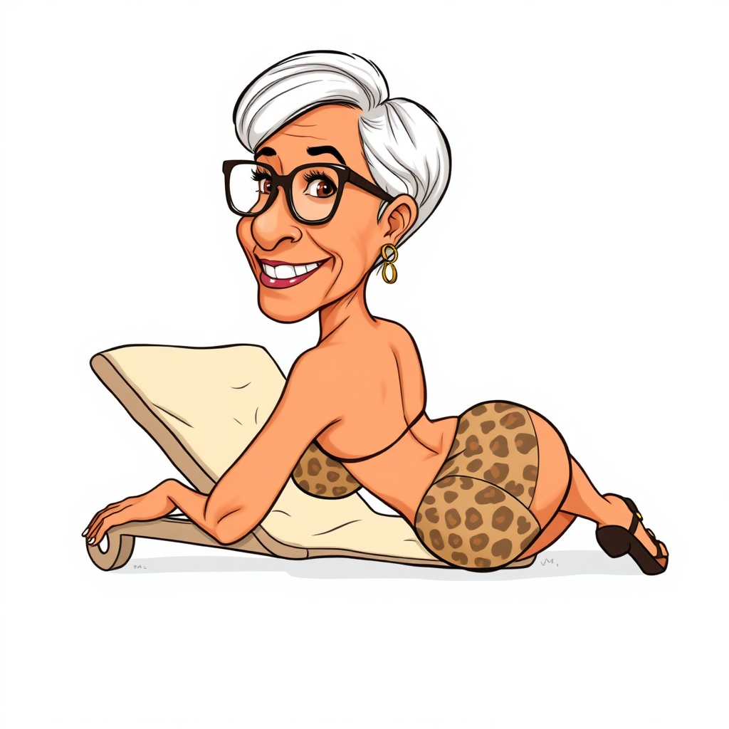 55 Years old, European, Latina, sharp aquiline nose, wrinkles, high cheekbones, Middle Eastern, Skinny, Tanned skin, Dark light skin, Rounded Medium breasts, Skinny thighs, round ass, full Makeup, jewelry, Serious face, Sharp nose, blushing, Ash hair, short bowl haircut, Brown eye color, Glasses, with detailed features. swaying hips, smiling, She is walking away, back side view, she is looking over her shoulder, she is wearing a leopard bikini, detailed fabric. full body, high heels sandals, lying on her stomach on a lounge chair, covered in cream long establishing shot, 2D, caricature, cartoon, Sketch lines, coloring book, coloring book style on white background, well composed, clean coloring book page, No dither, no gradient, strong outline, No fill, No solids, vector illustration, movement lines. realistic proportions, detailed body, correct anatomy