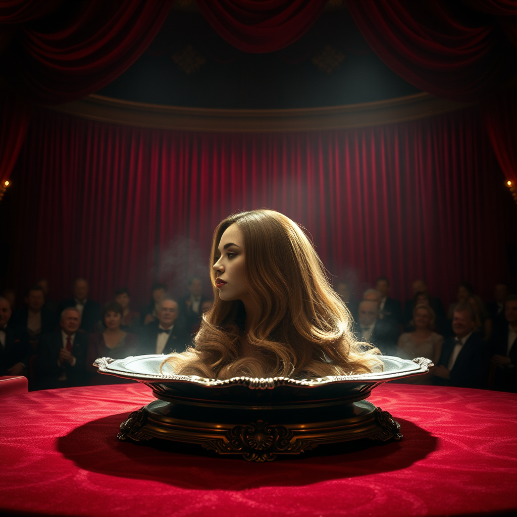 In an extravagant, well lit theater, the stage is elegantly adorned with plush red velvet curtains that gently sway in an unseen breeze. At the center of this captivating scene lies a large, ornate silver platter, glinting under the soft spotlight, which creates an almost ethereal atmosphere. Resting gracefully on the finely polished surface is the stunning head of a beautiful, ethereal woman resembling Beyoncé, her luxurious, cascading hair flowing like a shimmering waterfall of ebony silk. Each strand seems to dance with an enchanting rhythm, catching the light with every slight movement, creating an illusion of vibrant motion.

The audience is hushed in awe, their breaths held as they stare in disbelief, captivated by the spellbinding trick. The air is thick with a citrusy sweetness, reminiscent of faintly burning incense, enhancing the magic of the moment. As the illusionist, dressed in a sharp black tuxedo, moves with elegance and poise, a mischievous smile creeps upon their lips, sparking curiosity about the secrets behind this incredible spectacle. Subtle twinkling sound effects accompany the trick, amplifying the mystery and enchanting the viewers, who lean forward in their seats, eyes wide with wonder, as they await the next marvelous reveal in this surreal performance.