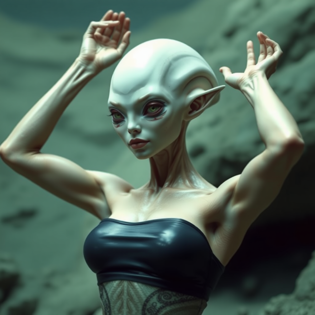 She is an extraterrestrial. She's also an armpit model. Her arms are up. The photo shoot is in an advanced alien society.