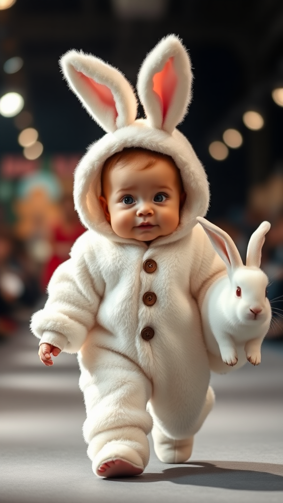 A cute small chubby fair baby with big eyes, pink lips, and pink cheeks, wearing a furry cozy white rabbit costume, is doing a ramp walk in a fashion show, walking with a real big white rabbit held in hand, cinematic.