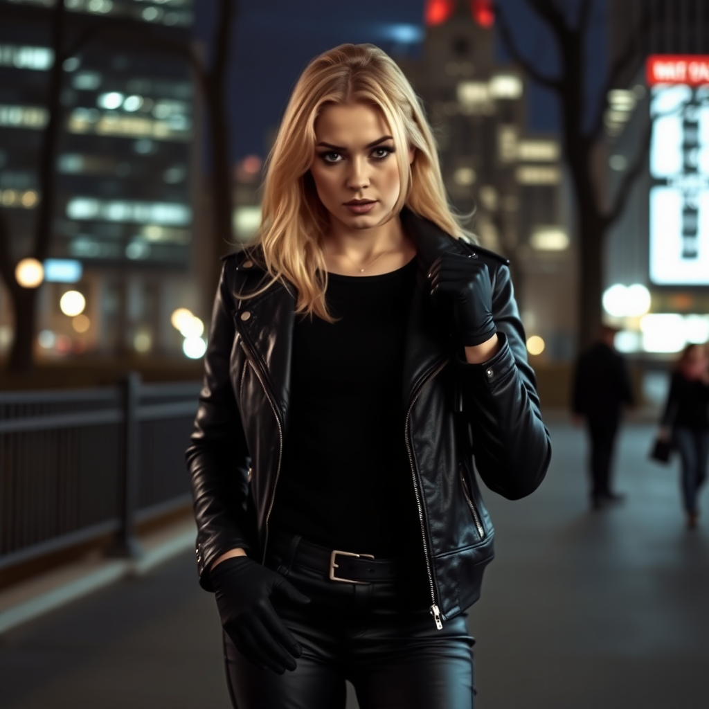 A beautiful blonde badass female burglar in black leather jacket over black t-shirt with black pants and gloves in Manhattan park at night.