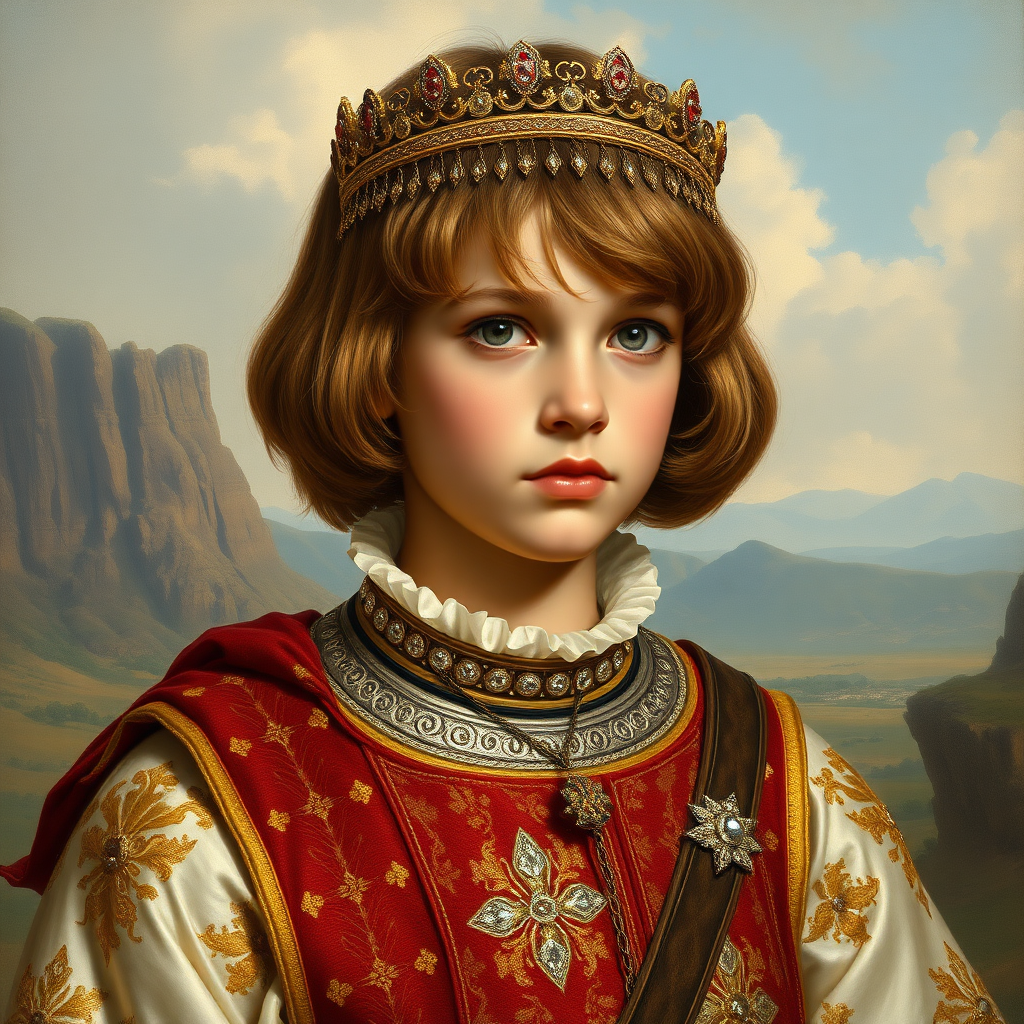 16yo teen boy prince, long bob cut, embroidered with gold and diamonds medieval cloths, diamond diadem, and Beautiful War. Free style by Adolphe William Bouguereau, Academic realism. The background is in the style of landscape style by Antonio del Polaiolo, Generating the signature at the bottom: Viva FLUX & Bach, ultra high resolution, 16K,