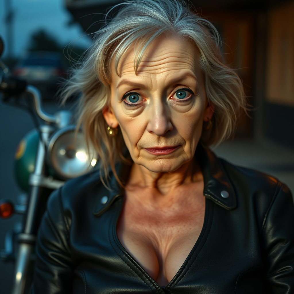 Old woman, big eyes, lazy gaze, leather outfit with a deep neckline, large breasts, a motorcycle in the background, it is getting dark.