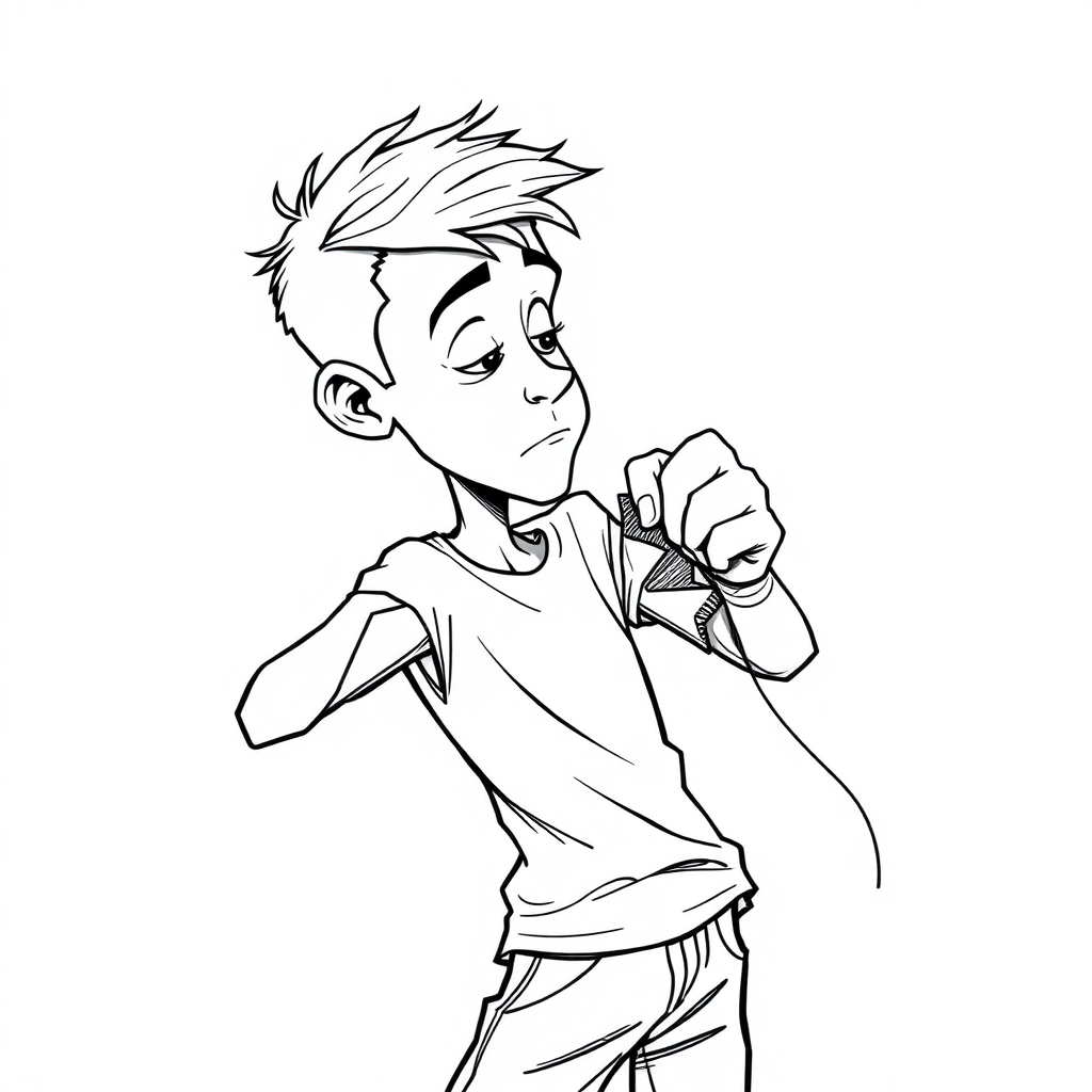 short 15 year old european skinny boy, punching a balloon, tense fabric, massive hernia in the balloon, side view, 2D, caricature, cartoon, Sketch lines, coloring book, coloring book style on white background, well composed, clean coloring book page, No dither, no gradient, strong outline, No fill, No solids, vector illustration, realistic proportions