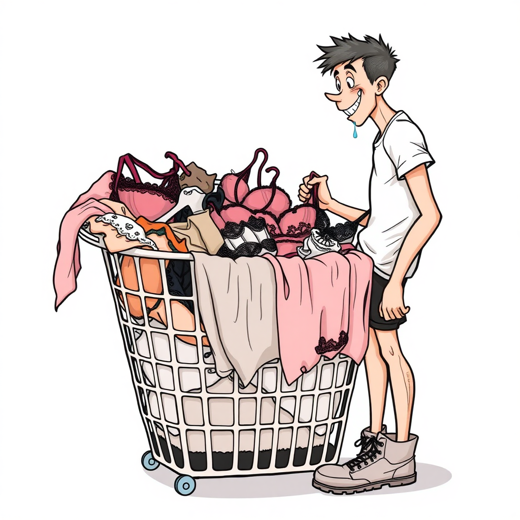 nervous short 20 year old european skinny man, short white t-shirt, standing, stunned, mesmerized, joyful, heavy drooling, fumbling through a dirty laundry basket full of sexy woman lingerie, detailed fabric, side view, safety shoes, detailed feet, 2D, caricature, cartoon, Sketch lines, coloring book, coloring book.