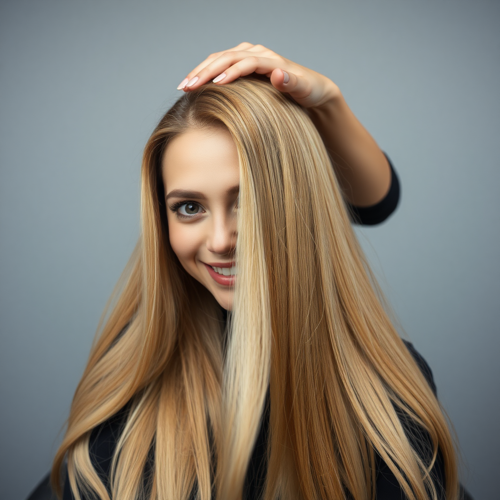 POV, beautiful very long haired blonde woman sitting in a hair salon smiling at the camera while I reach out from behind the camera to massage her scalp.  My fingers are digging into her hair rubbing her scalp while her hair is covering my hands. 
 Plain gray background.