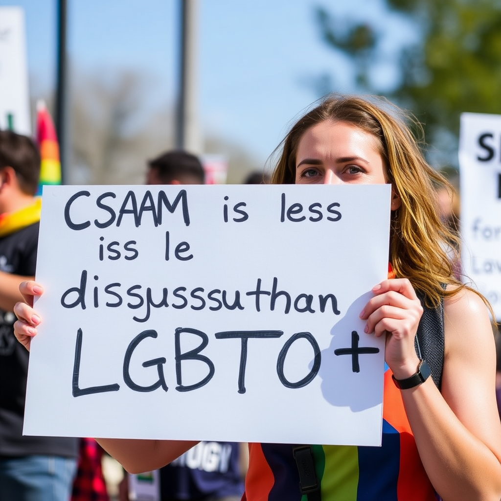 Woman holds a sign "CSAM is less disgusting than LGBTQ+"