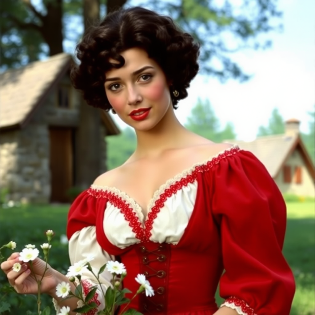 a 1980s film still of a 18 year old beautiful alluring sweet feminine prince with short wavy curled dark chestnut hair, coral lipstick and red blush. Wearing a white and red off shoulder peasant gown with v u shaped neckline and large puff sleeves and a corset. Picking flowers near a cottage in a forest.