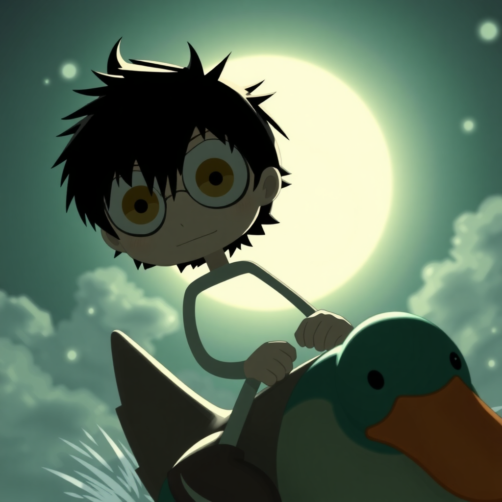 eren jaeger with huge eyes riding a duck