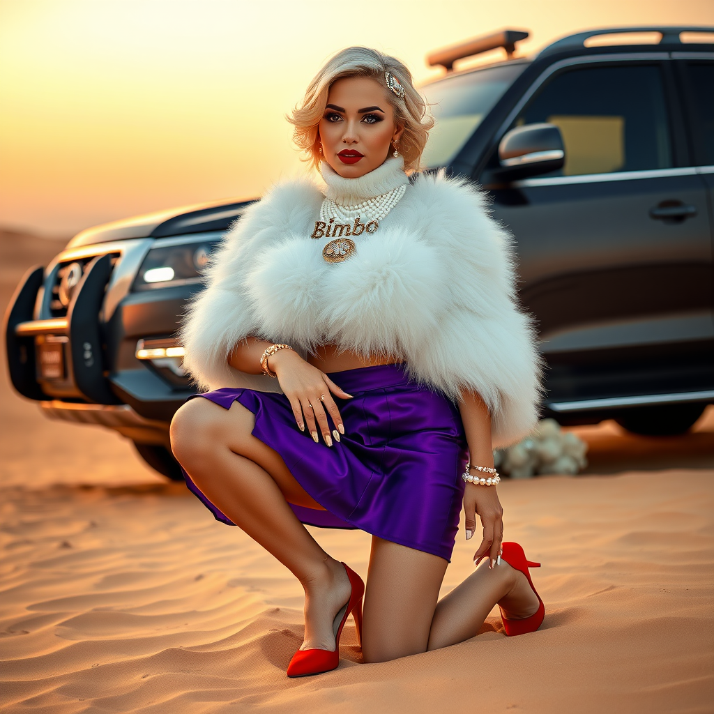 Kuwait desert dunes misty dawn, full size luxury SUV: Melissa, European 17 years old very convincing femboy “trophy-bimbo”, tamed servile docile, very beautiful feminine flawless face, rather short, by hormones very curvaceous womanly figured, platinum blond short tight curls, bold red lips, long white French nails, heavily made-up face, wearing Supertanya-style fluffy very fuzzy bright white angora turtleneck-poncho cropped ending under bust decorated with pearls and glass stones, very tight purple vinyl mini pleated skirt, bright red pumps with golden very high heels, white pearl belly piercing, full Oriental bridal jewelry including headpiece, nose-ring, coin wristlets, coin anklets, striking diamond “Bimbo” letter brooch on left chest, thick heavy pearl wristlets, pearl anklets, pout frustrated, kneeling in sand in front of SUV, looking at camera. Focus on face and turtleneck-poncho.