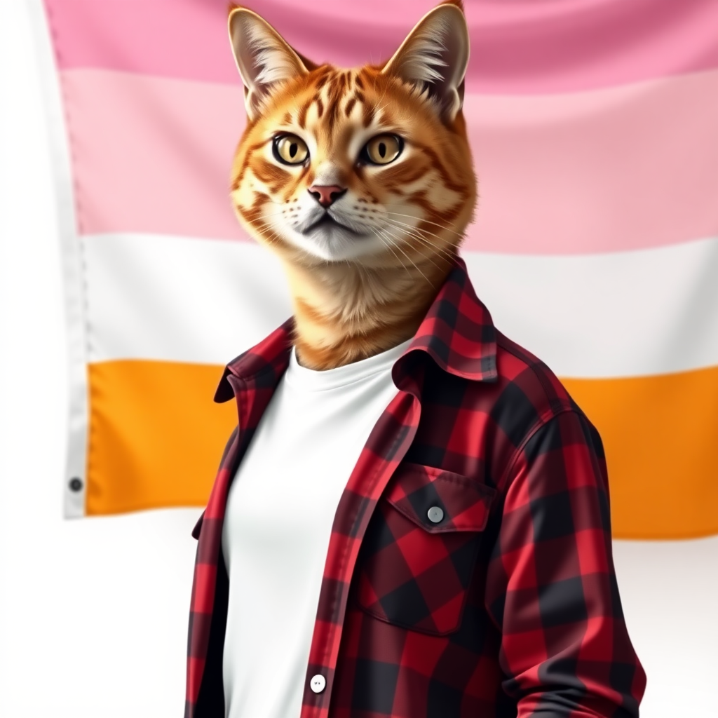 female cat-man in chestnut color with, behind, a flag with horizontal colors pink/light pink/white/light orange/orange, colors in order, wearing an open red and black checkered shirt with a white t-shirt, in digital art