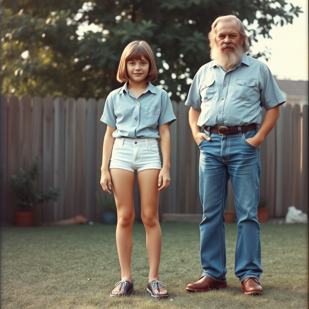 tall 14yo teen boy, long hair bob cut, wearing shirt and very tight booty shorts, long legs, narrow thighs, full-length front view. with bearded father wearing shirt, long jeans, shoes. 1970s. At backyard. photorealistic, ultra high resolution, 16K, Negative: grainy, blurry, bad anatomy, extra limbs, watermark.