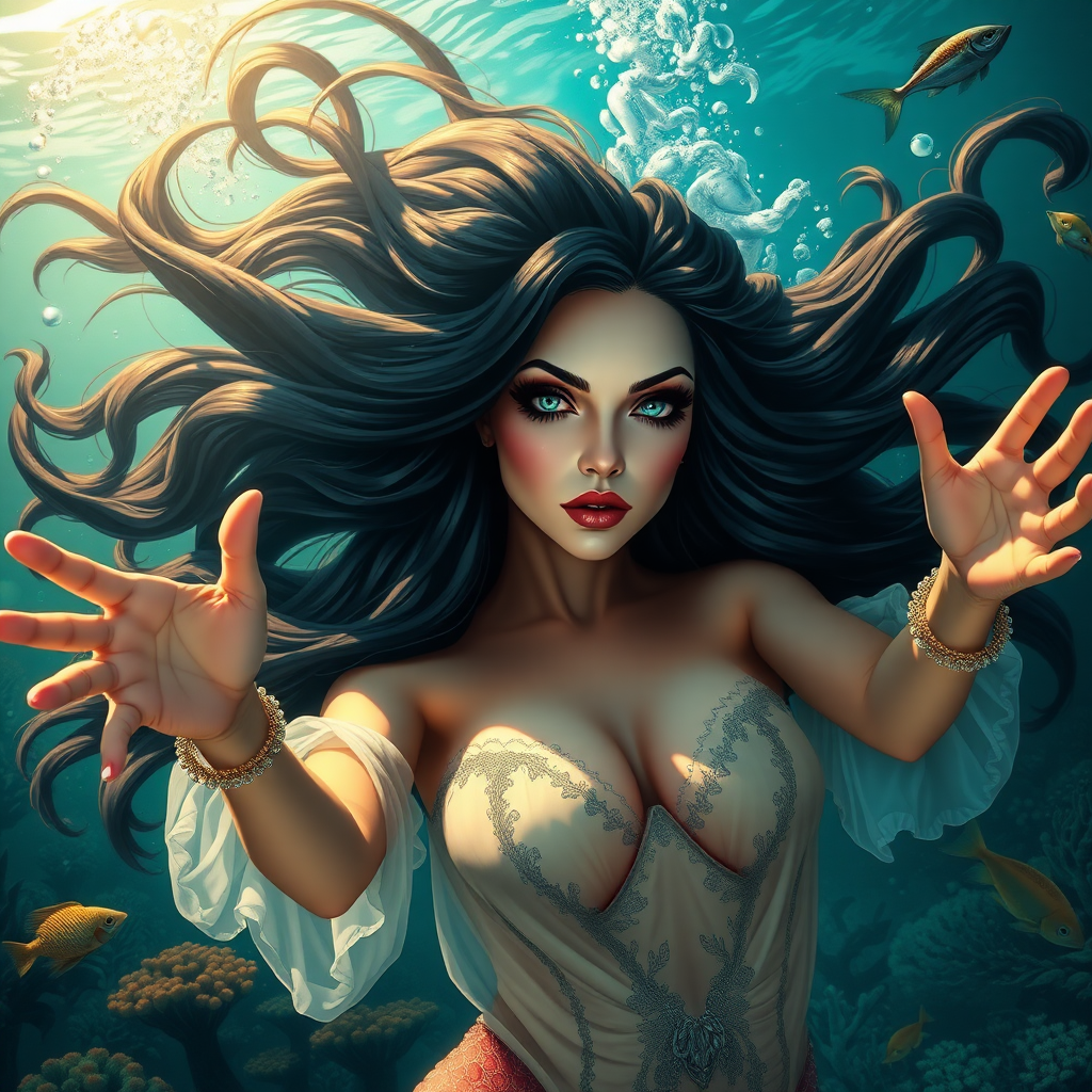 Vampirella as a mermaid underwater amazing loose flowing hair floating in a nimbus around her beautiful face her arms outstretched towards the viewer and she's looking down into the viewer's eyes making intense eye contact. loose fitting diaphanous. Burlesque. Stunning undersea life details plants and fish and other creatures of the sea. Powerful three dimensional graphic effects.